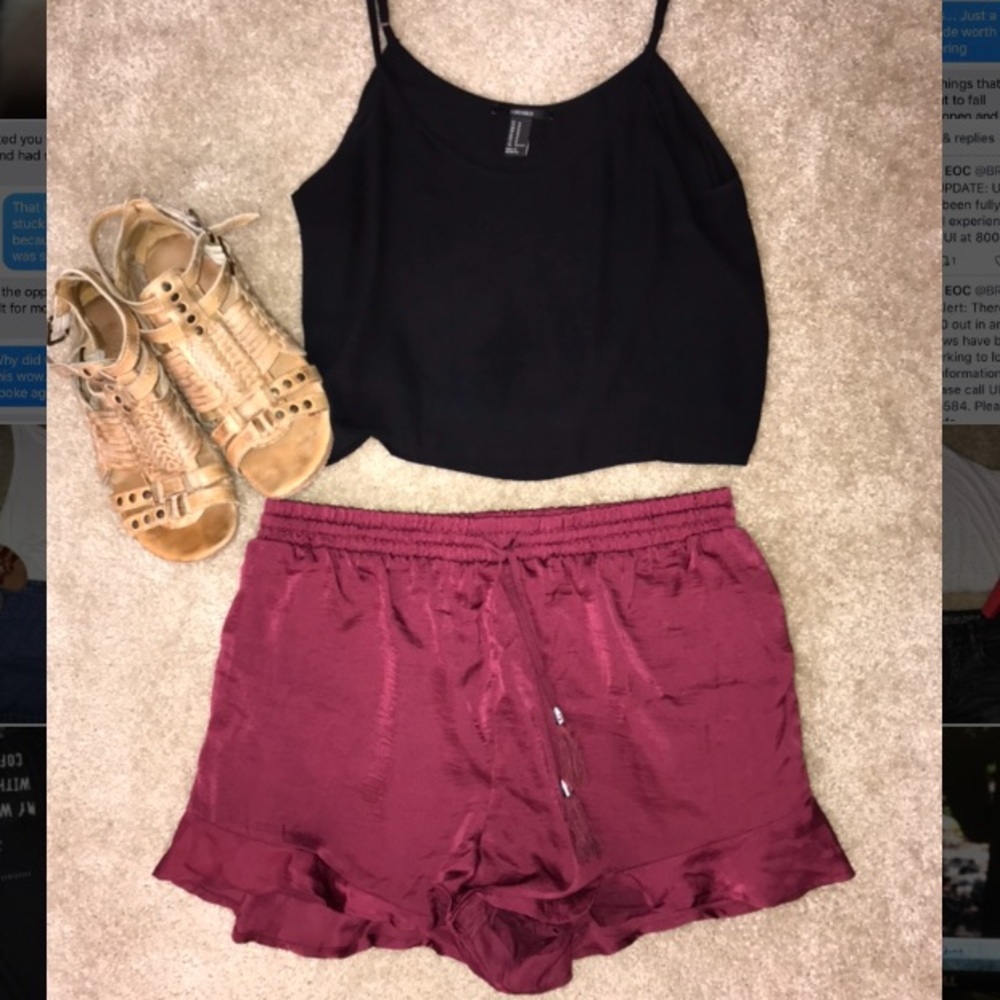 Summer outfit - black crop tank, red shorts